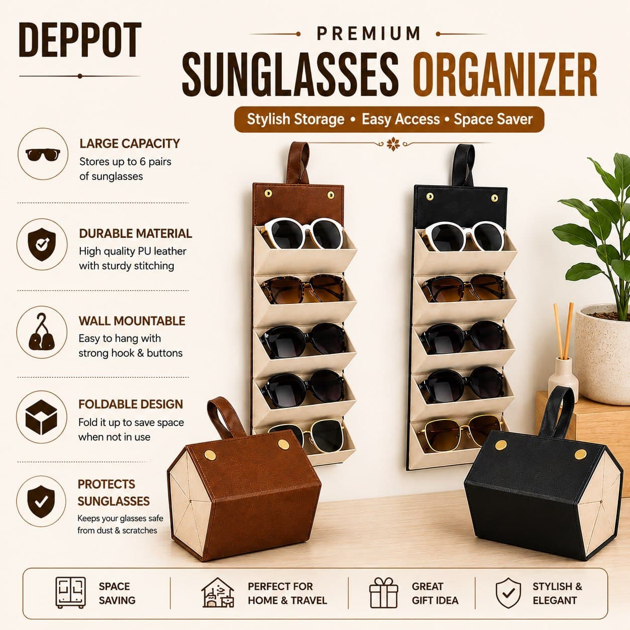 5 Slot Sunglasses Organizer Case Brown